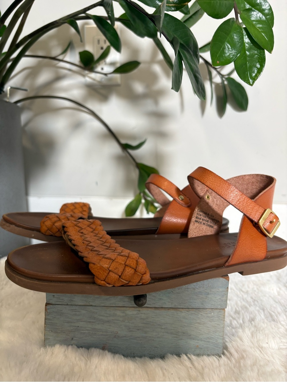 Cork & Candy Cognac Braided Ankle Strap Sandals | Size 8